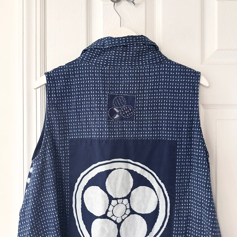 Mao Mom Thailand Artsy Abstract Lagenlook Blue Button Down Collared Swing Top OS - Picture 9 of 10